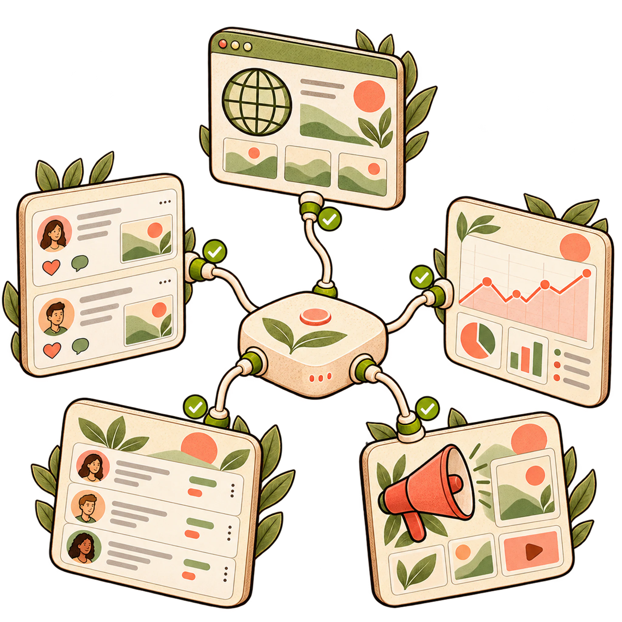 A hub connected to website, social, analytics, CRM and ads